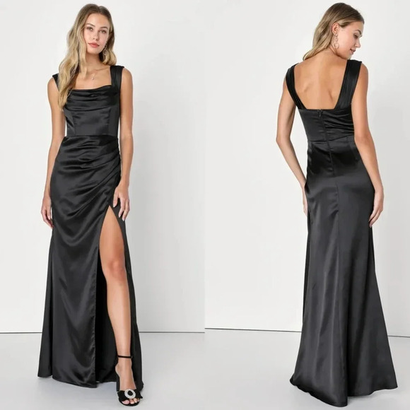 Lulus Stunning Arrival Black Satin Off-The-Shoulder Maxi Dress Wedding Prom - Picture 1 of 9